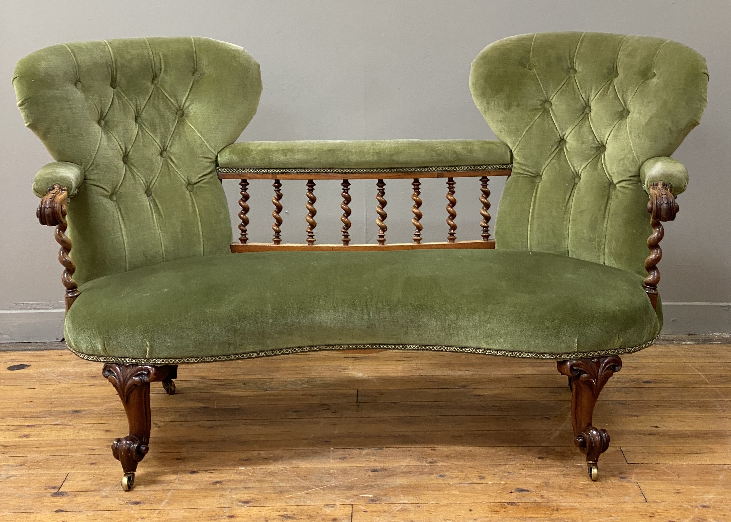 A Victorian rosewood salon settee, the twin spoon back, united by a spiral turned gallery and - Image 2 of 2