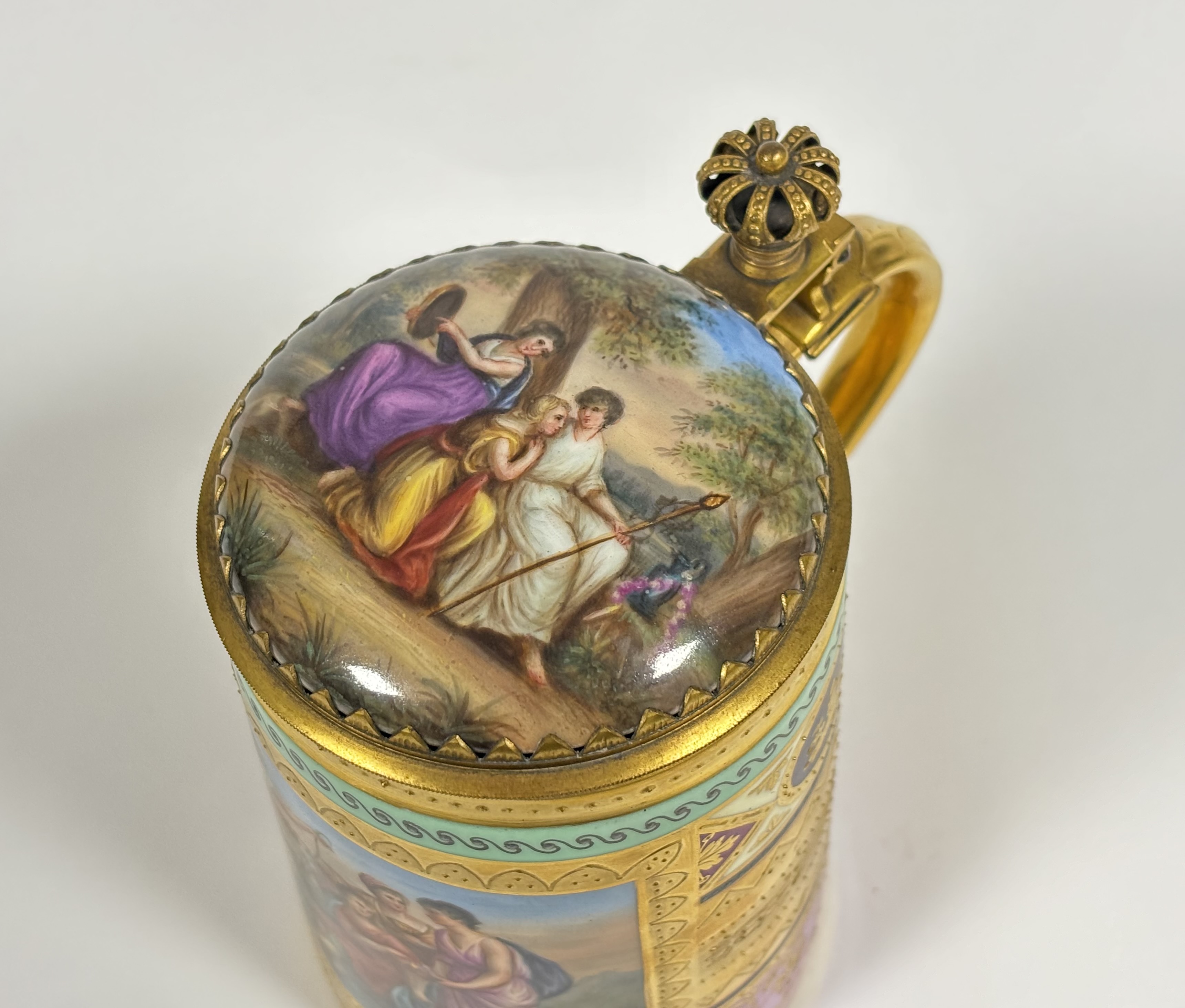 A late 19th century gilt-metal mounted Vienna porcelain tankard and cover, of cylindrical form, with - Bild 5 aus 6
