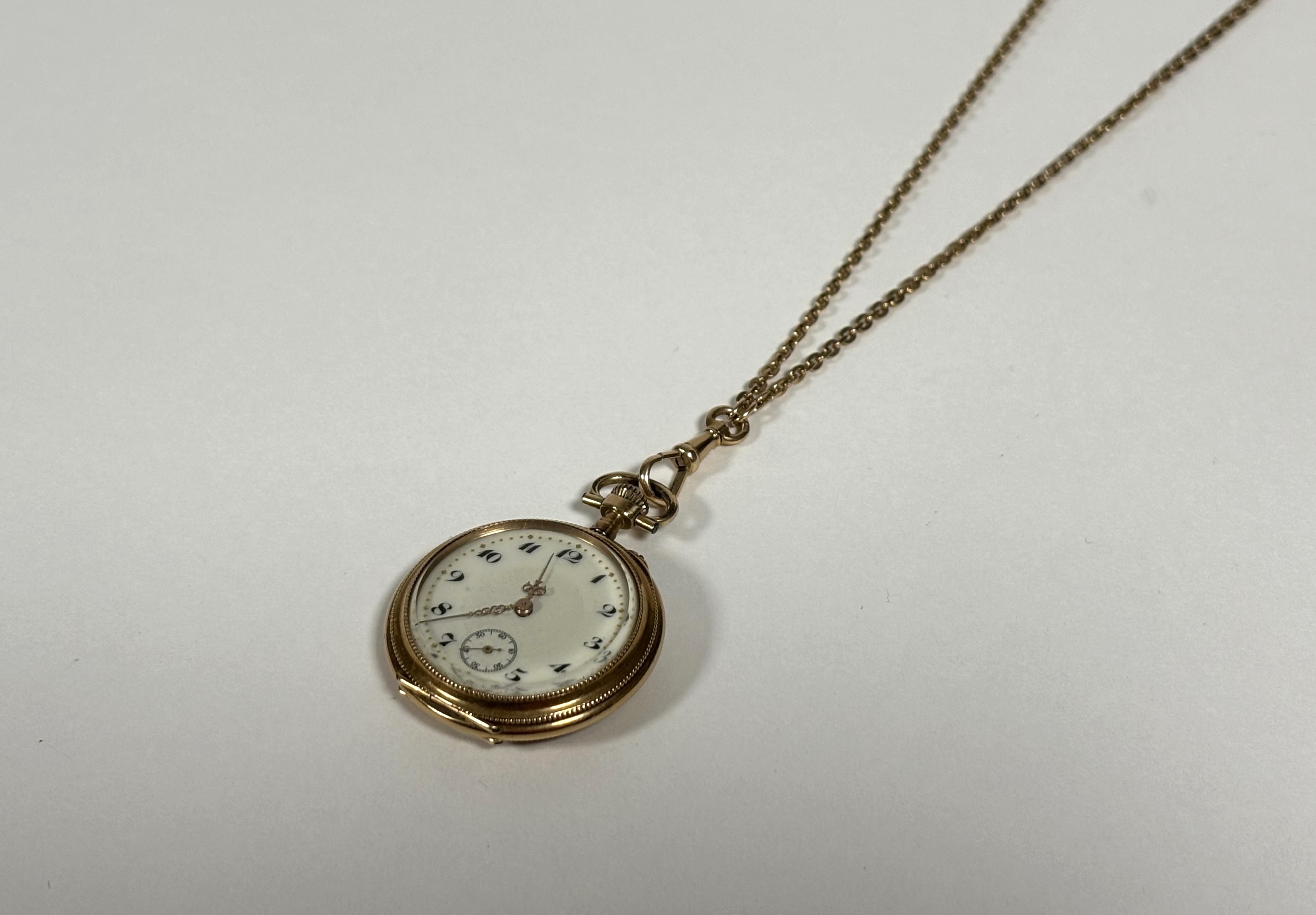 A Swiss 14ct gold lady's open face fob watch, early 20th century, on a 14ct gold belcher-link - Image 2 of 4