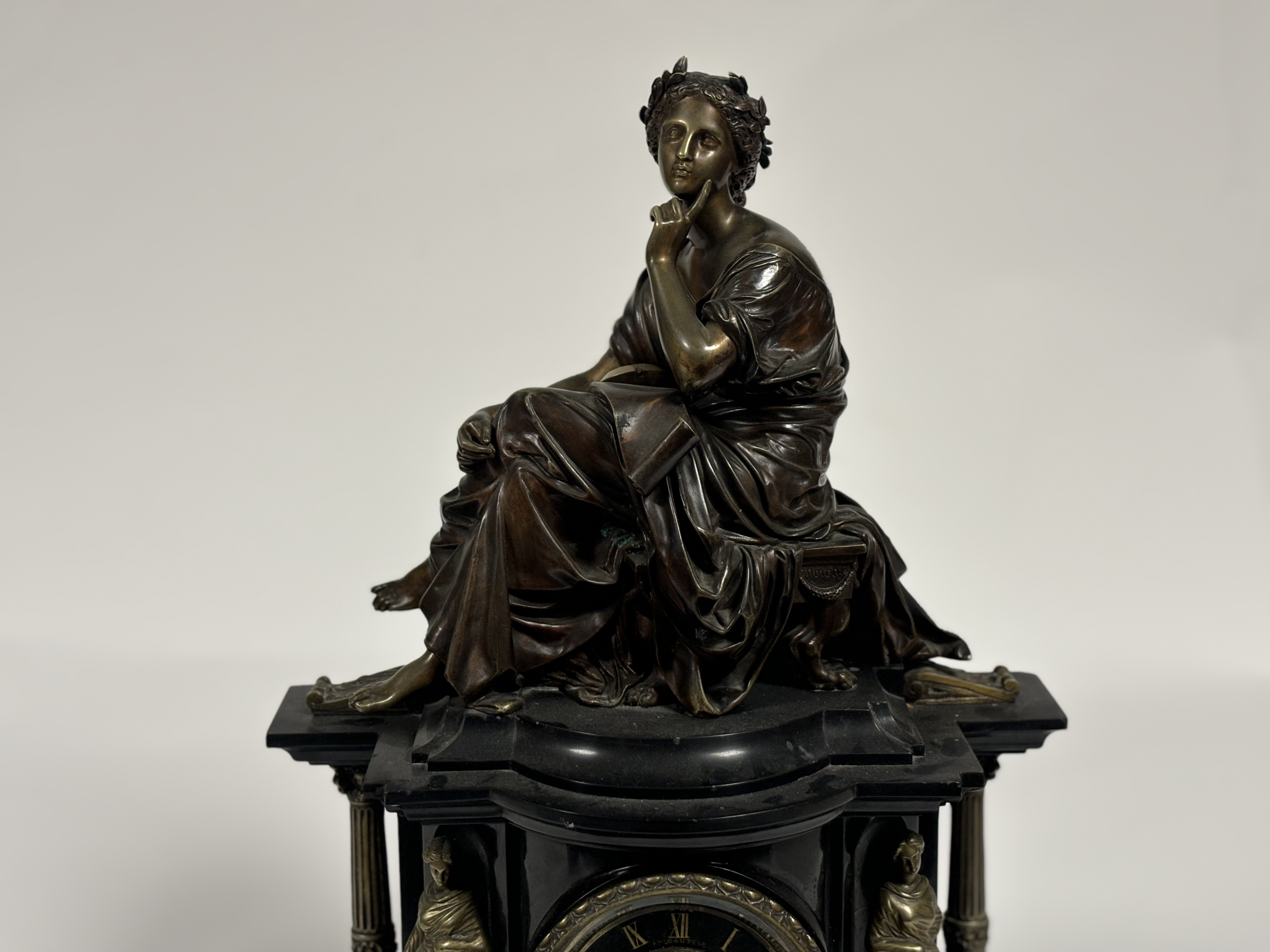 A French patinated and gilt bronze mounted slate mantel clock, late 19th century, the well-cast - Image 2 of 4