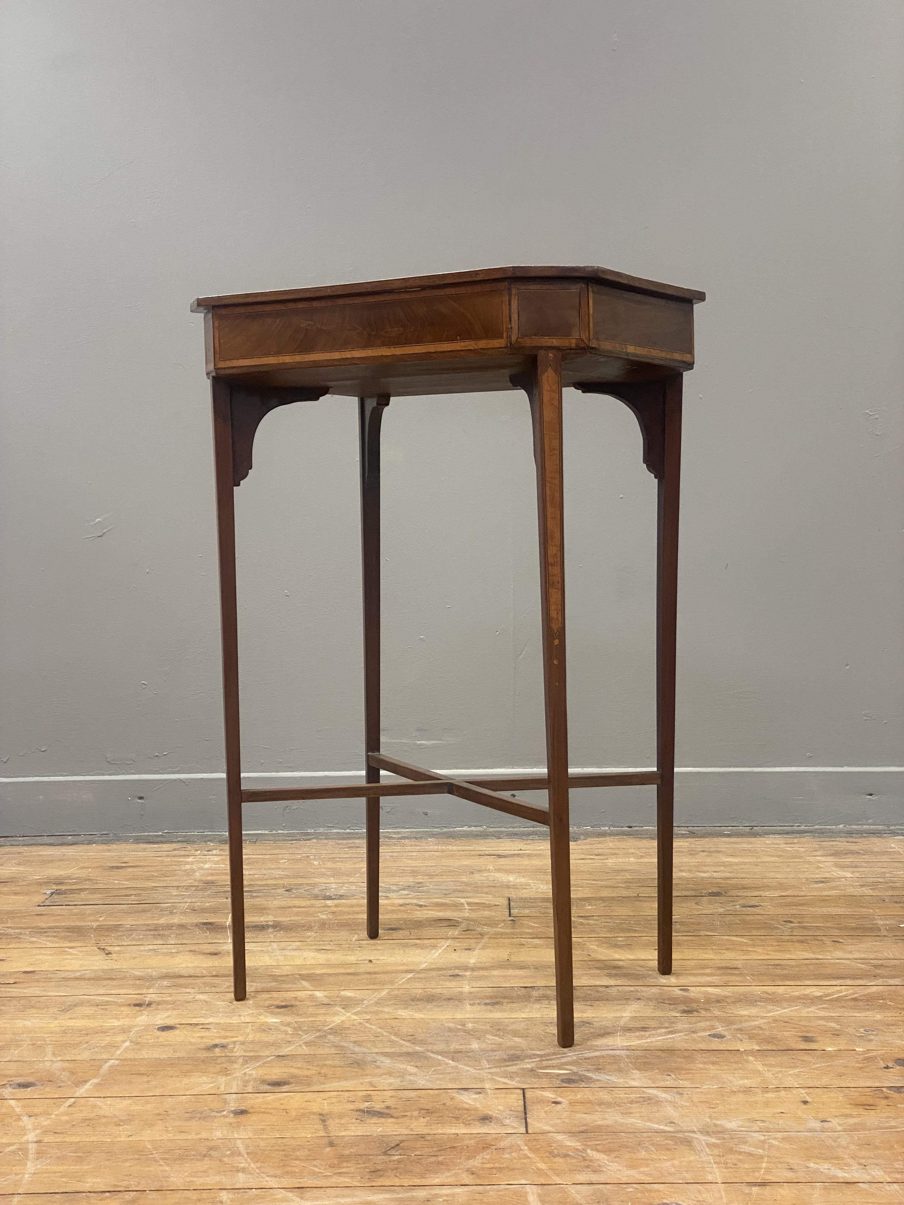 An Edwardian mahogany work table, the rectangular top with canted corners having satinwood and - Image 2 of 4