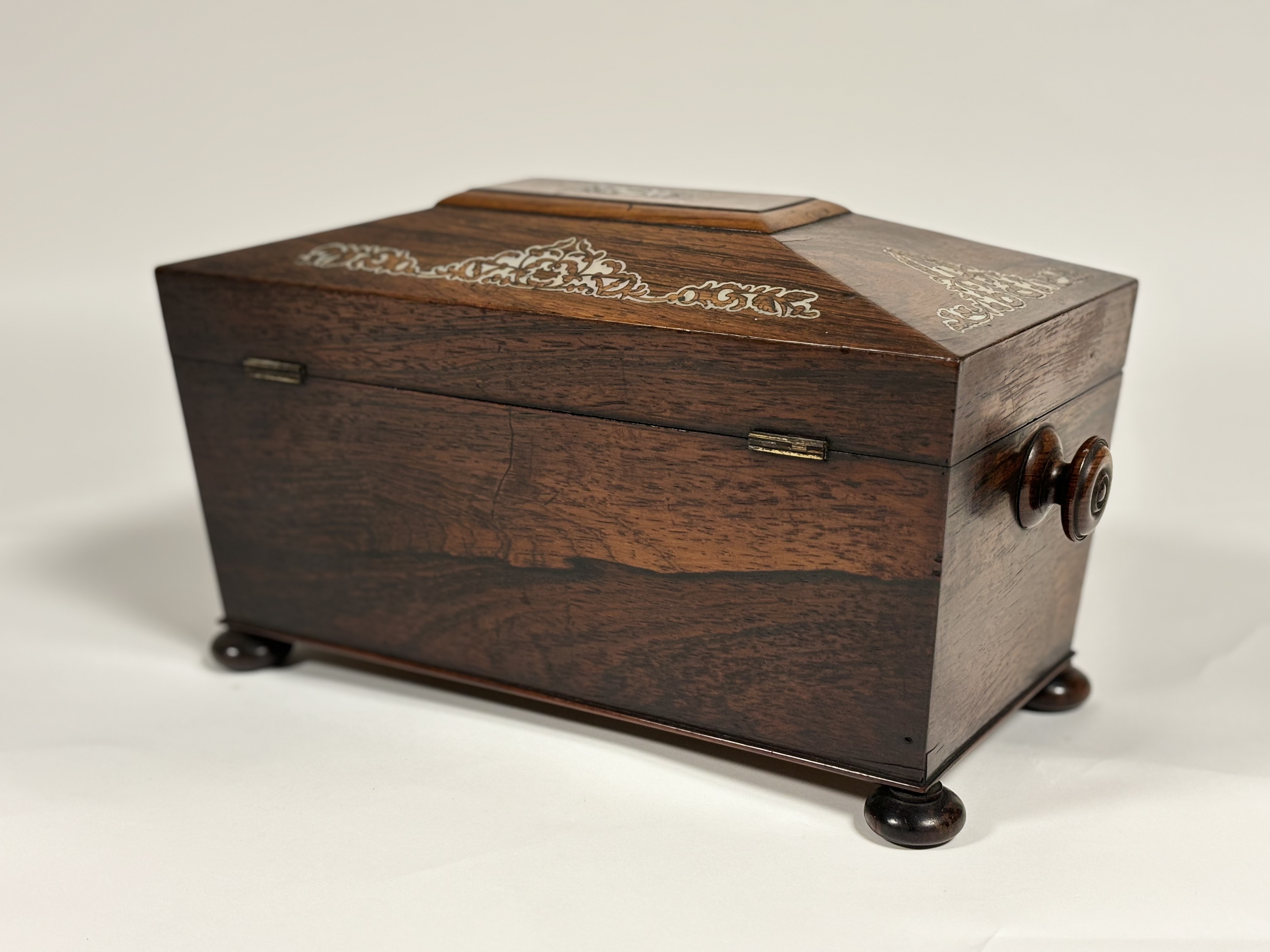 A William IV mother-of-pearl inlaid rosewood tea caddy, of sarcophagus shape, with turned handles - Image 4 of 8