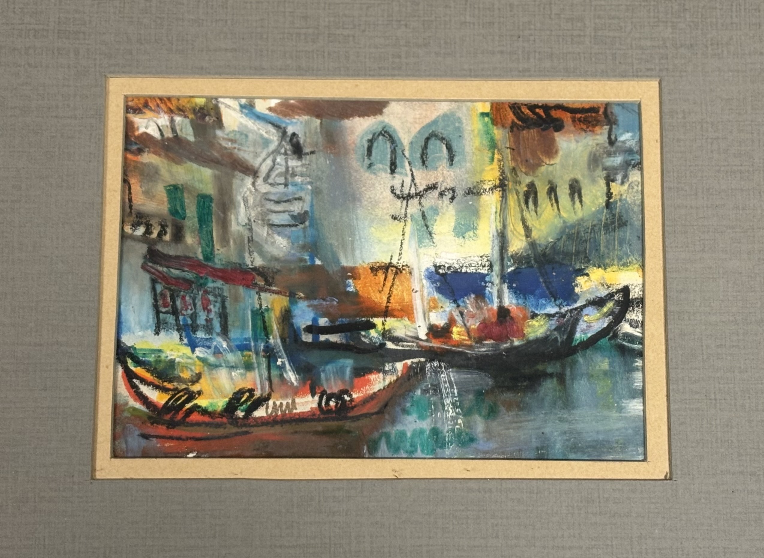 Hamish Lawrie (Scottish, 1919-1987), A Continental Harbour, mixed media, unsigned, framed. 13cm by - Image 2 of 3