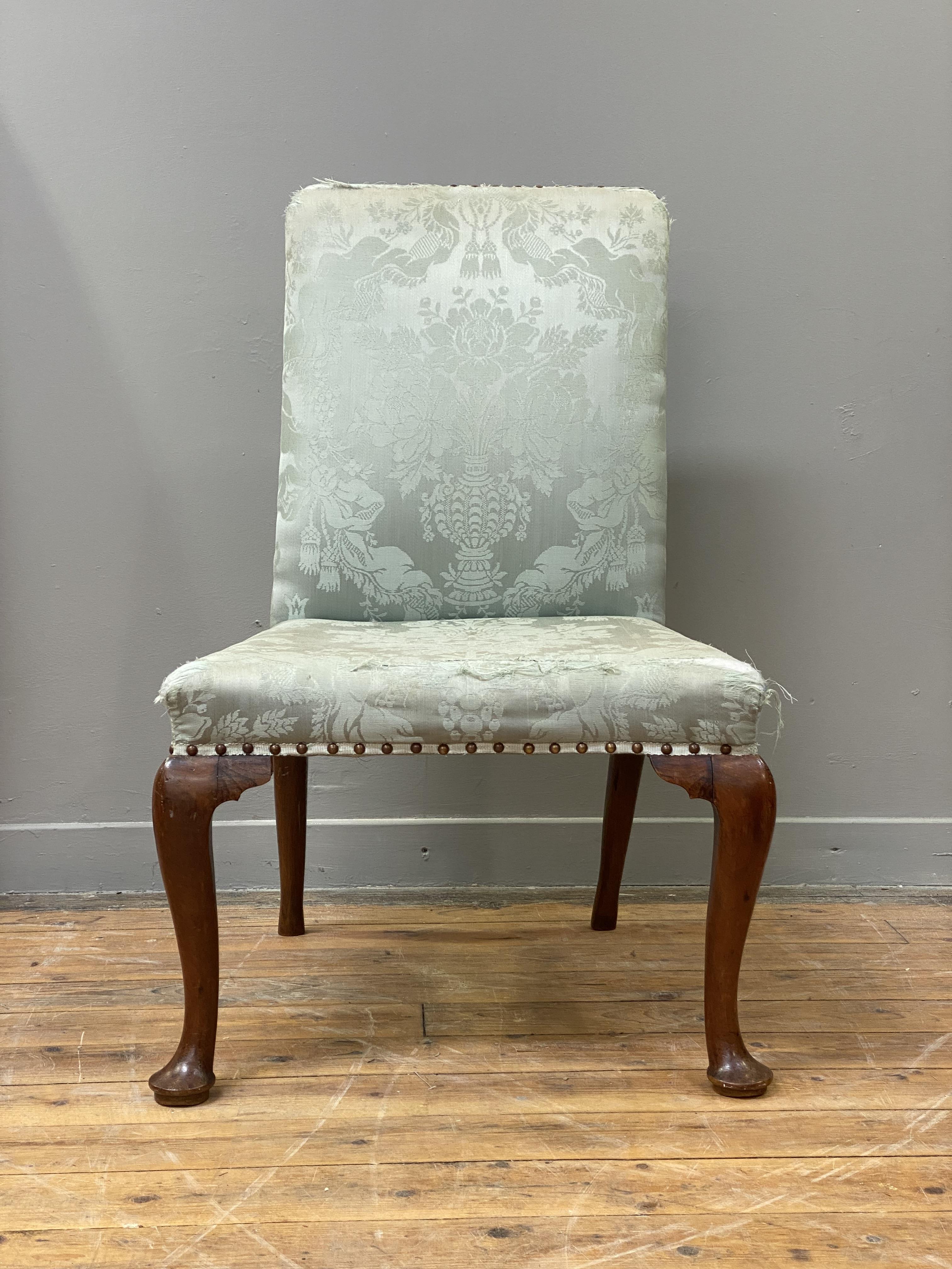 A George II walnut side chair, mid 18th century, the square back and seat upholstered in a blue / - Image 2 of 3