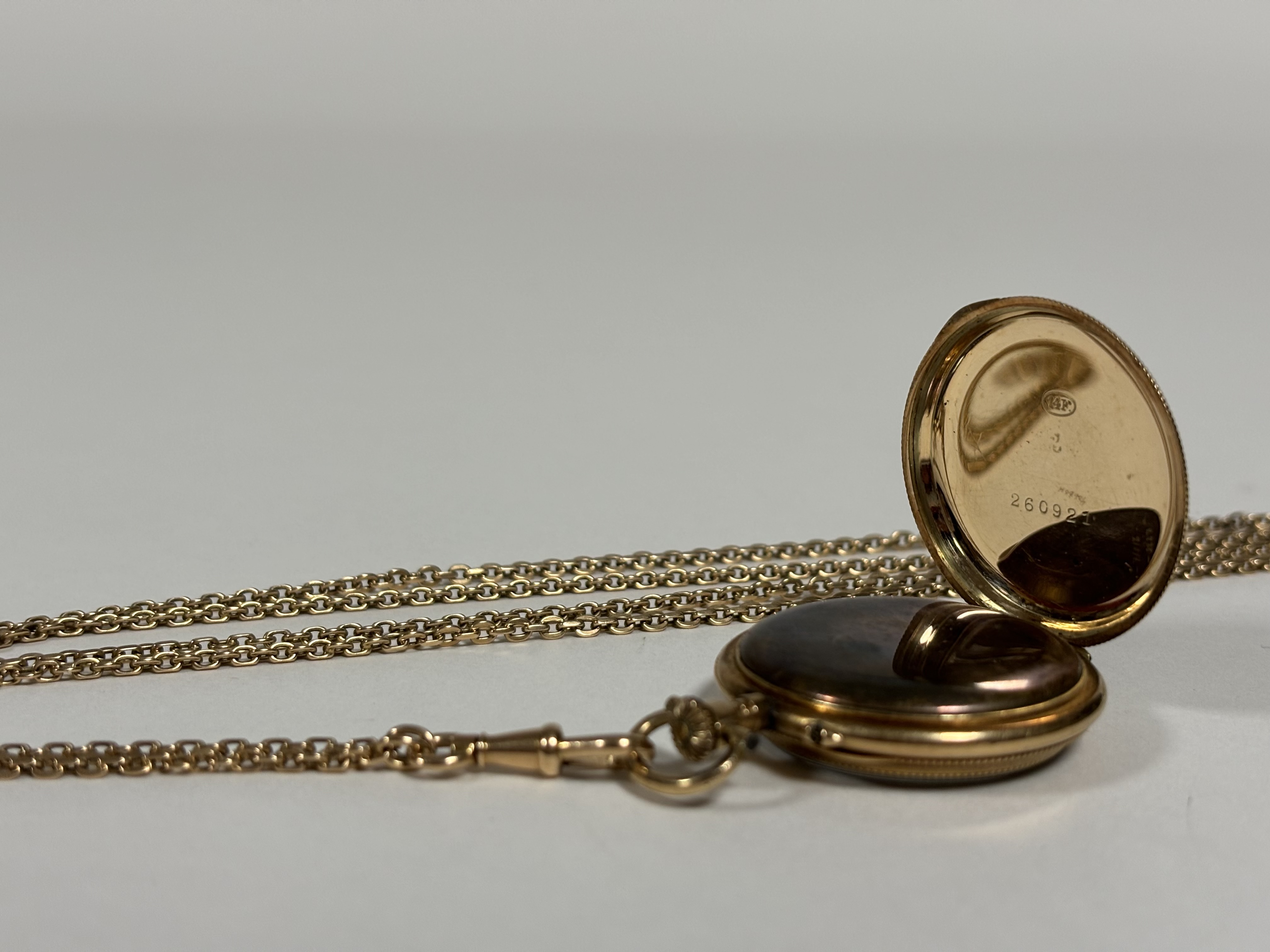 A Swiss 14ct gold lady's open face fob watch, early 20th century, on a 14ct gold belcher-link - Image 4 of 4