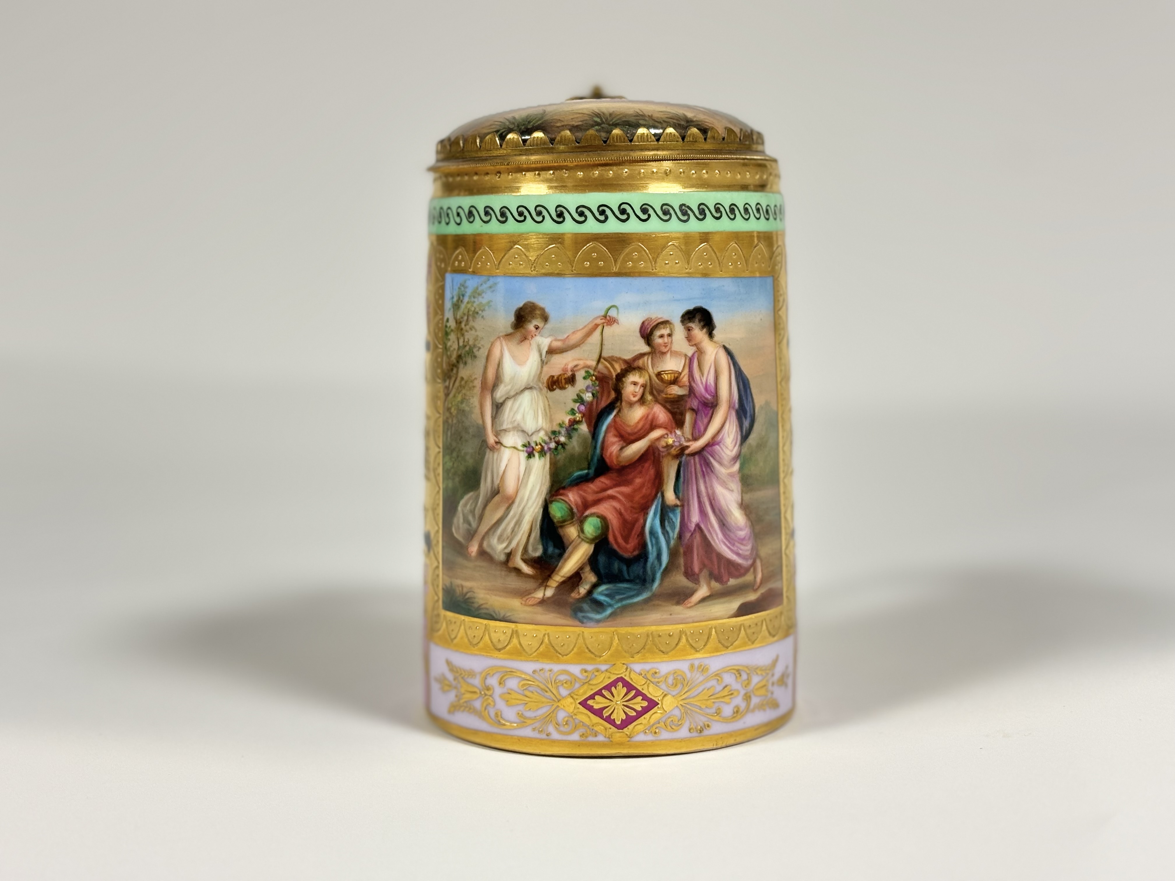 A late 19th century gilt-metal mounted Vienna porcelain tankard and cover, of cylindrical form, with - Bild 2 aus 6
