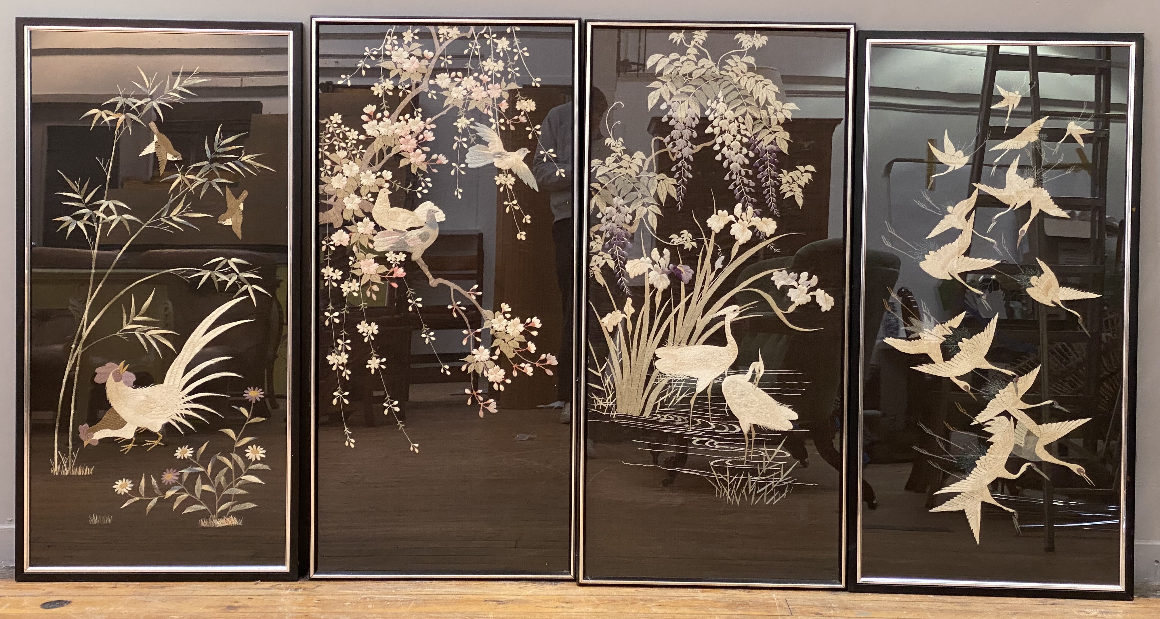A set of four large Japanese silk embroidered panels, Meiji/Taisho Period, each worked in polychrome - Image 2 of 2
