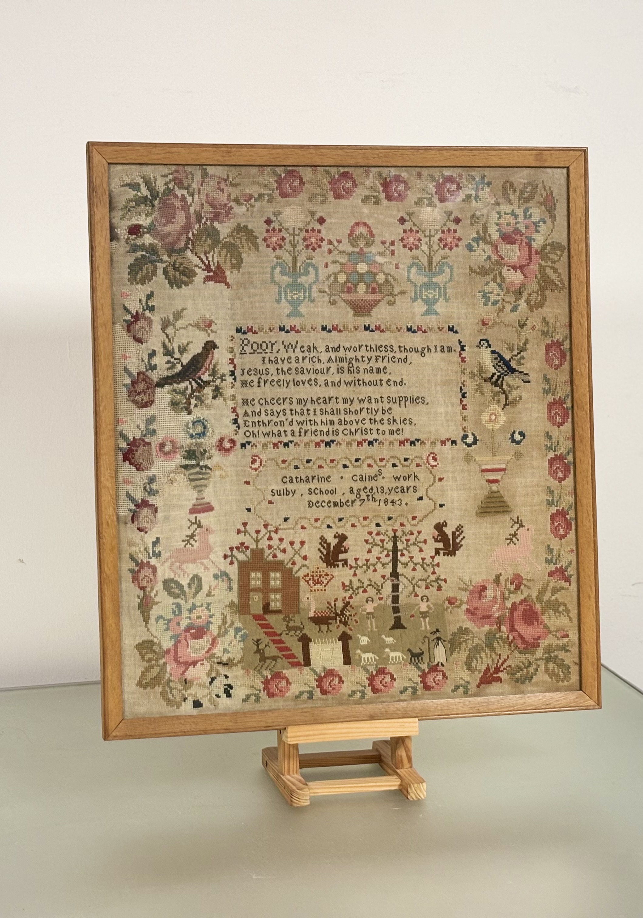 A large early Victorian needlework sampler, Catherine Caine, Sulby School, Aged 13 years, December