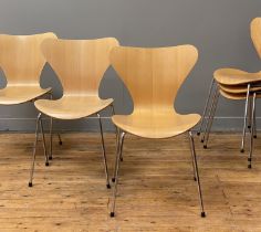Arne Jacobsen for Fritz Hanson, a set of six Danish 'series 7' dining chairs, bentwood natural beech
