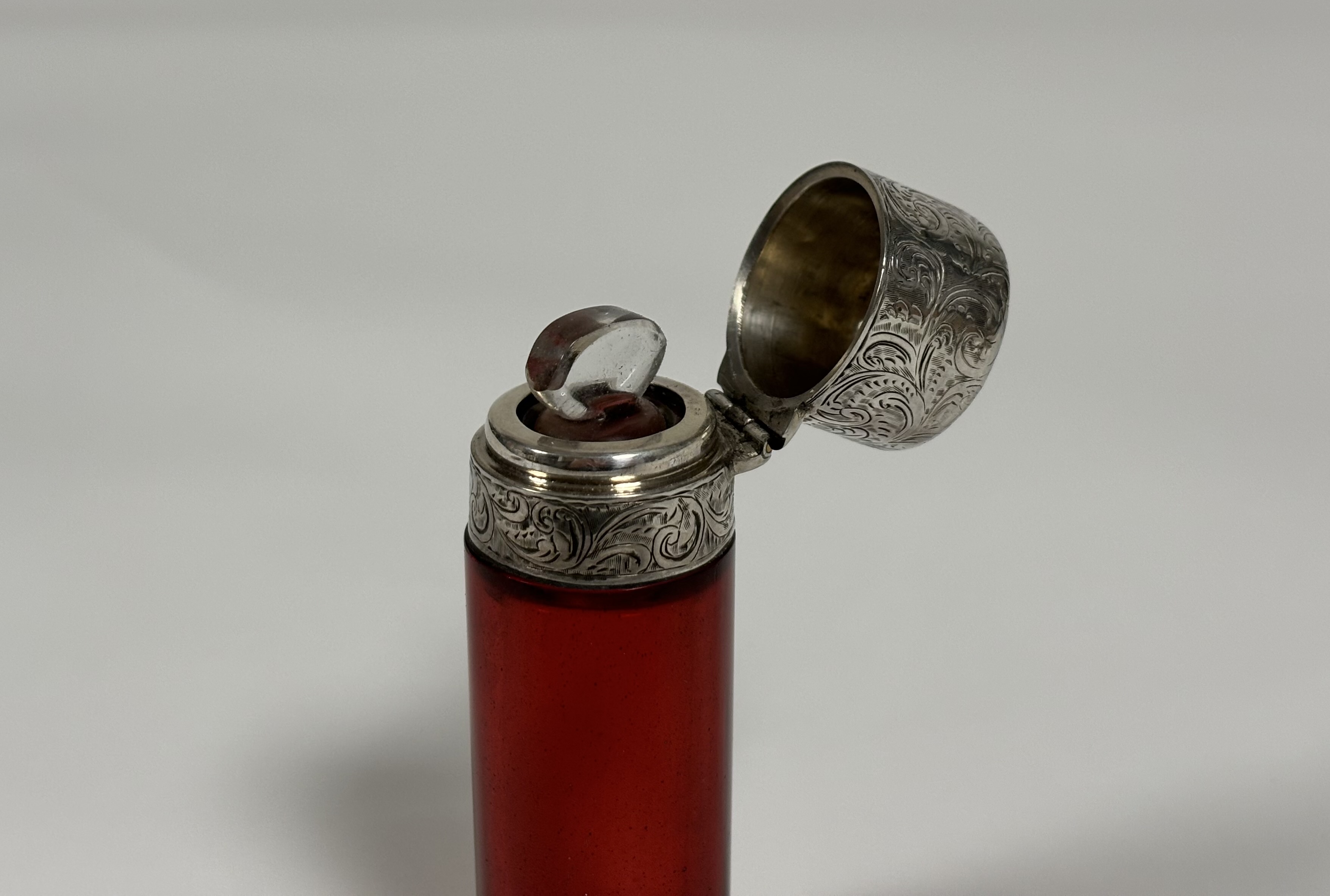 Two late 19th century ruby glass scent bottles: the first double-ended in faceted glass with - Image 4 of 10