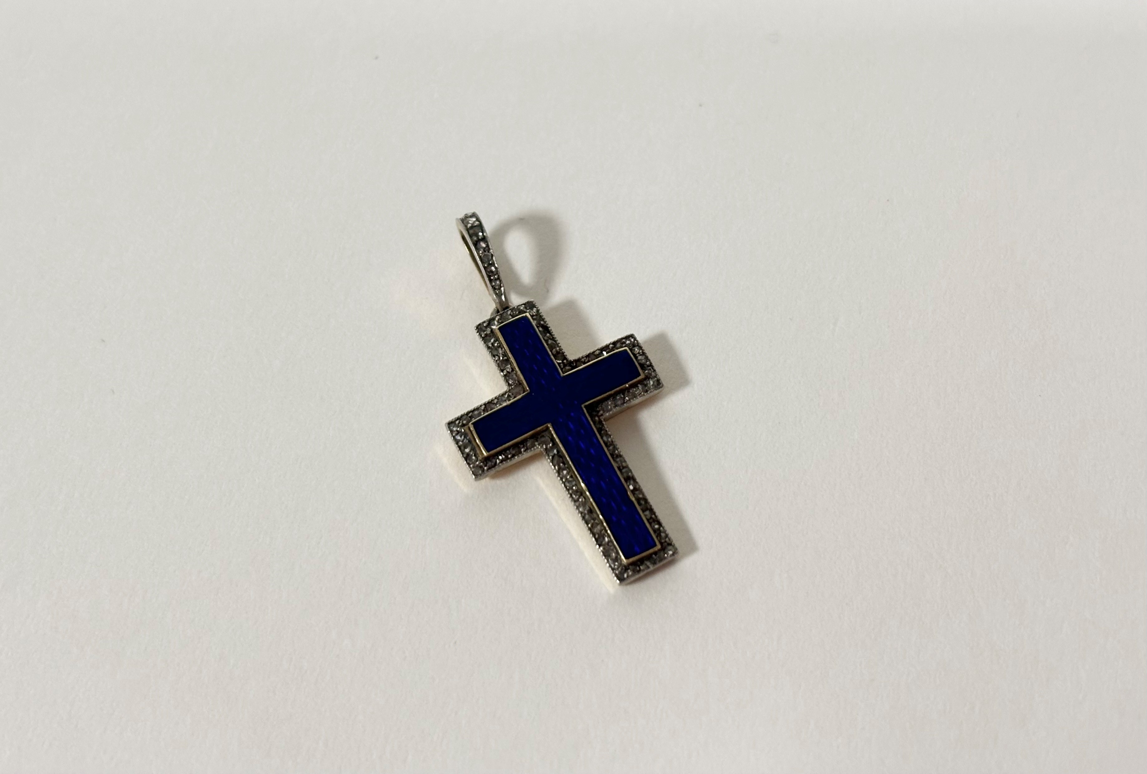 A diamond-set blue enamel cross pendant, early 20th century, the engine-turned enamel within a - Image 2 of 3