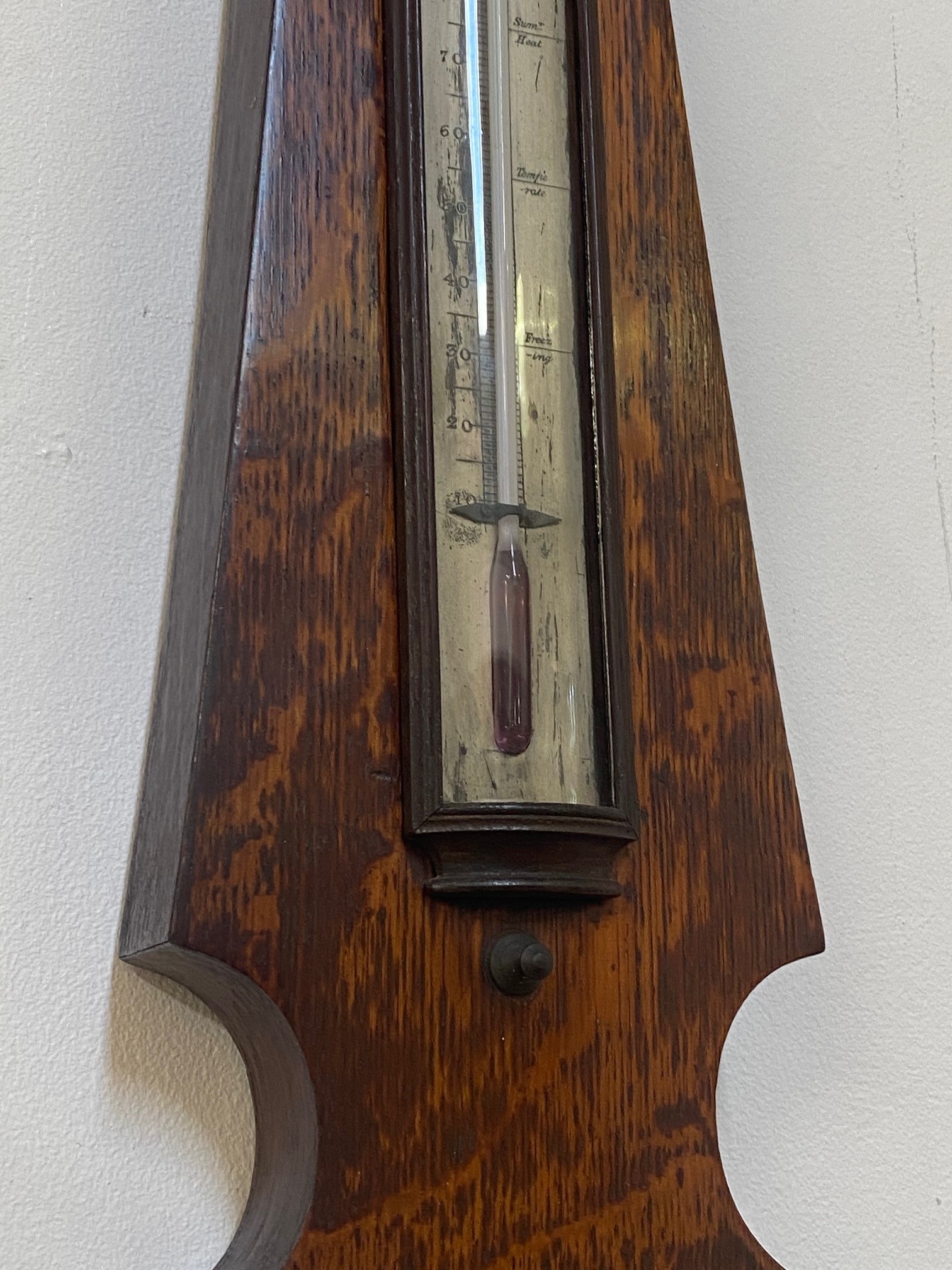 A Victorian Gothic revival barometer and thermometer in an oak banjo pattern case, the silvered - Image 2 of 3