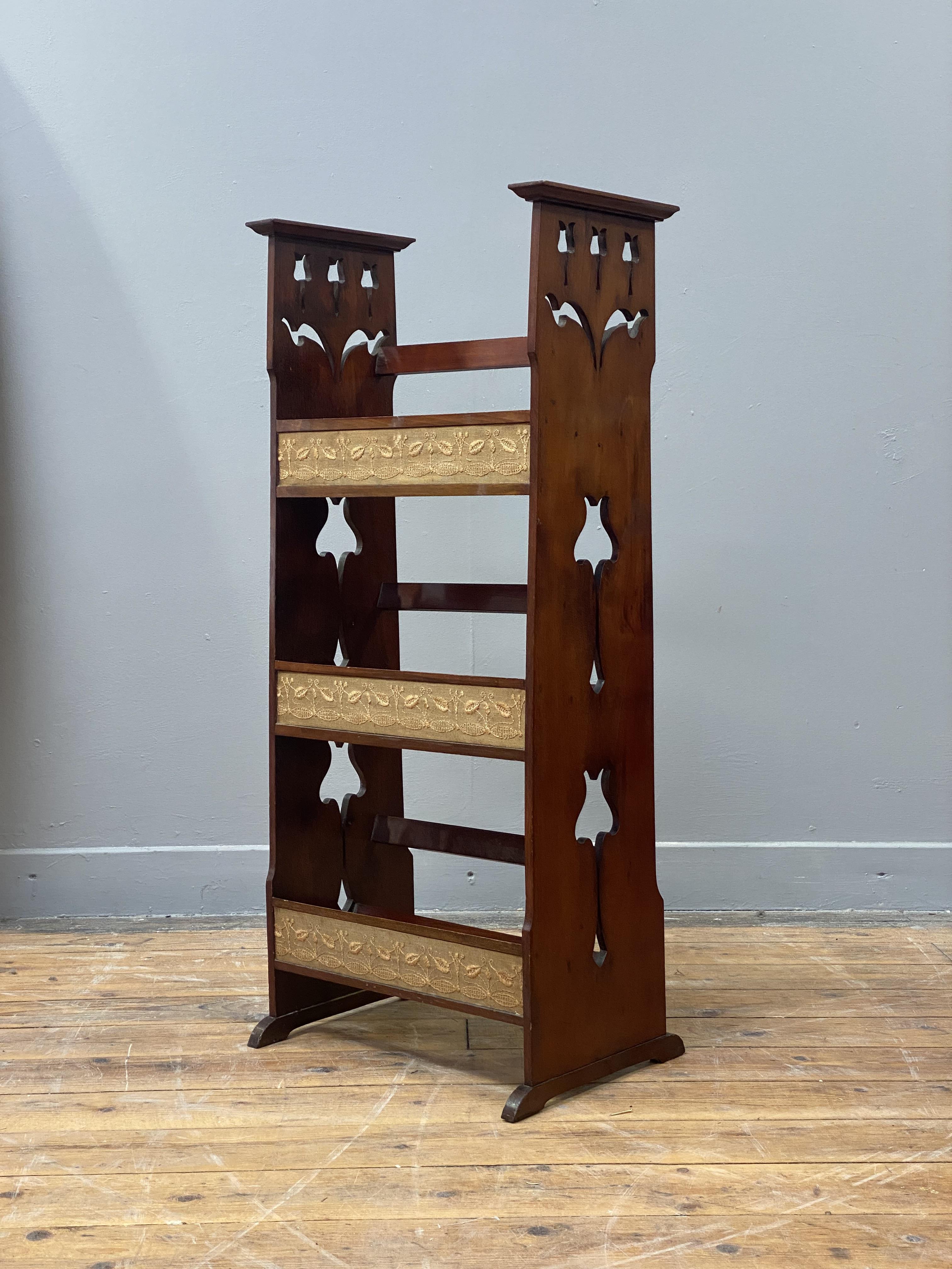 An Arts and Crafts period cherry three tier book stand, each sloping shelf having an applied - Image 2 of 2