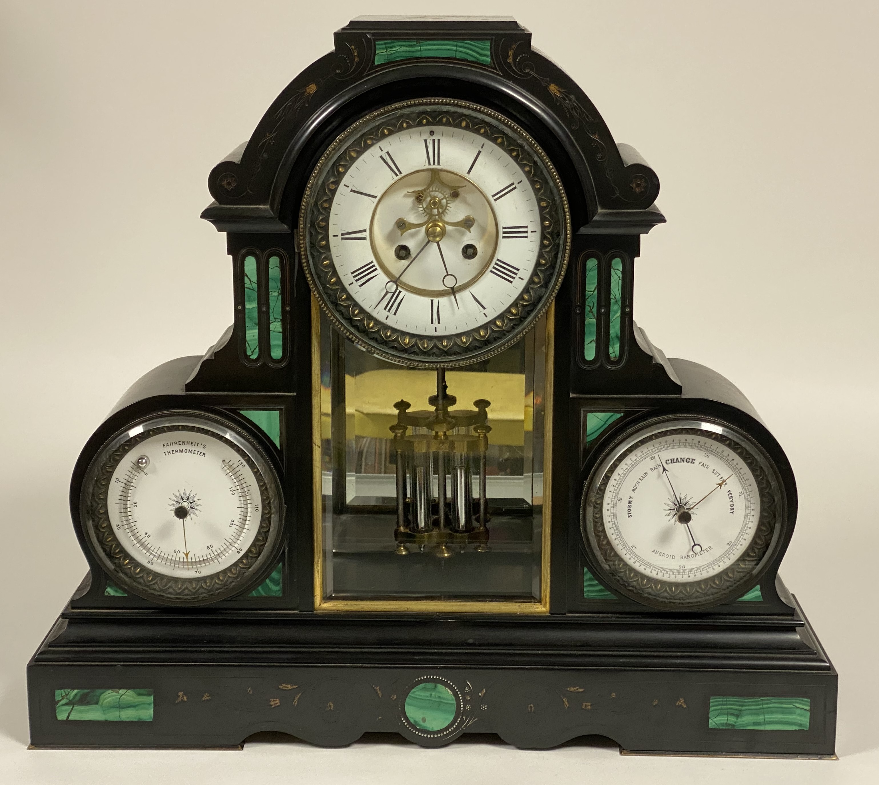 A 19th century slate mantel clock, the case, of architectural form, with incised gilt floral - Image 4 of 4
