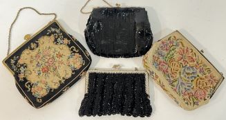 Four twentieth century ladies' evening bags including embroidered and sequinned examples (largest h-