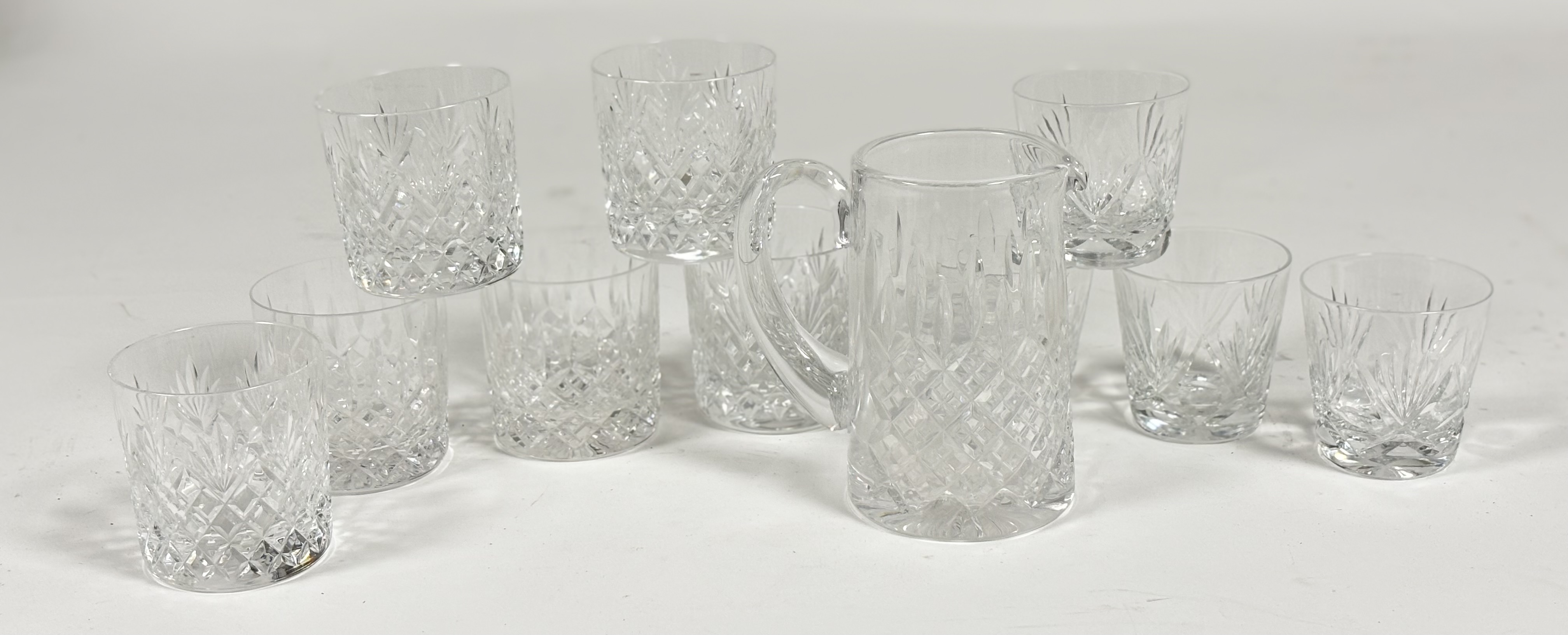 A collection of crystal ware, a set of six tumblers (w-8.5cm), four whisky glasses (h-8cm) and a