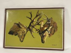 Janet Panther, Study of two Stag heads on a lime green background, oil on canvas, signed and