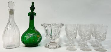 A mixed lot of glass comprising two decanter bottles (one clear, one green enamelled, largest h-