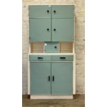 A 1950's blue and white painted kitchen cabinet, fitted with a combination of cupboards and drawers.