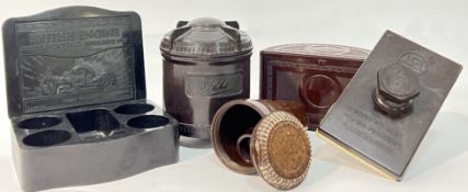 A collection of vintage bakelite and early polymer/plastic items comprising a resin ICI blotter, a