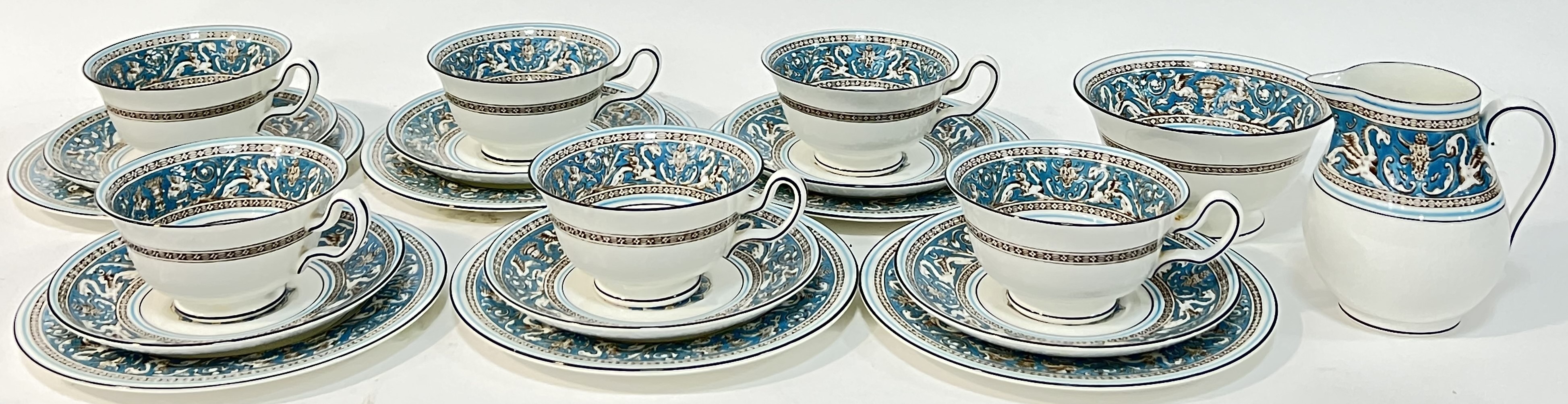 Six Wedgwood Turquoise Florentine pattern enamelled trios comprising six small plates (w- 18.5cm),