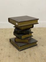 A vintage lamp table, modelled as a stack of gilt leather bound books. H43cm.