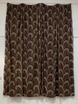 A pair of Wine and Navy Paisley pattern lined cotton pencil pleat curtains, (Drop 295cm, each