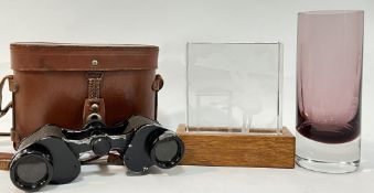A set of German binoculars by Otto Walter with leather case, together with an engraved glass