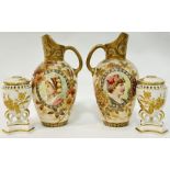 A pair of Doulton Burslem blushed ivory gilt and enamelled portrait jugs (restores, h- 22cm),