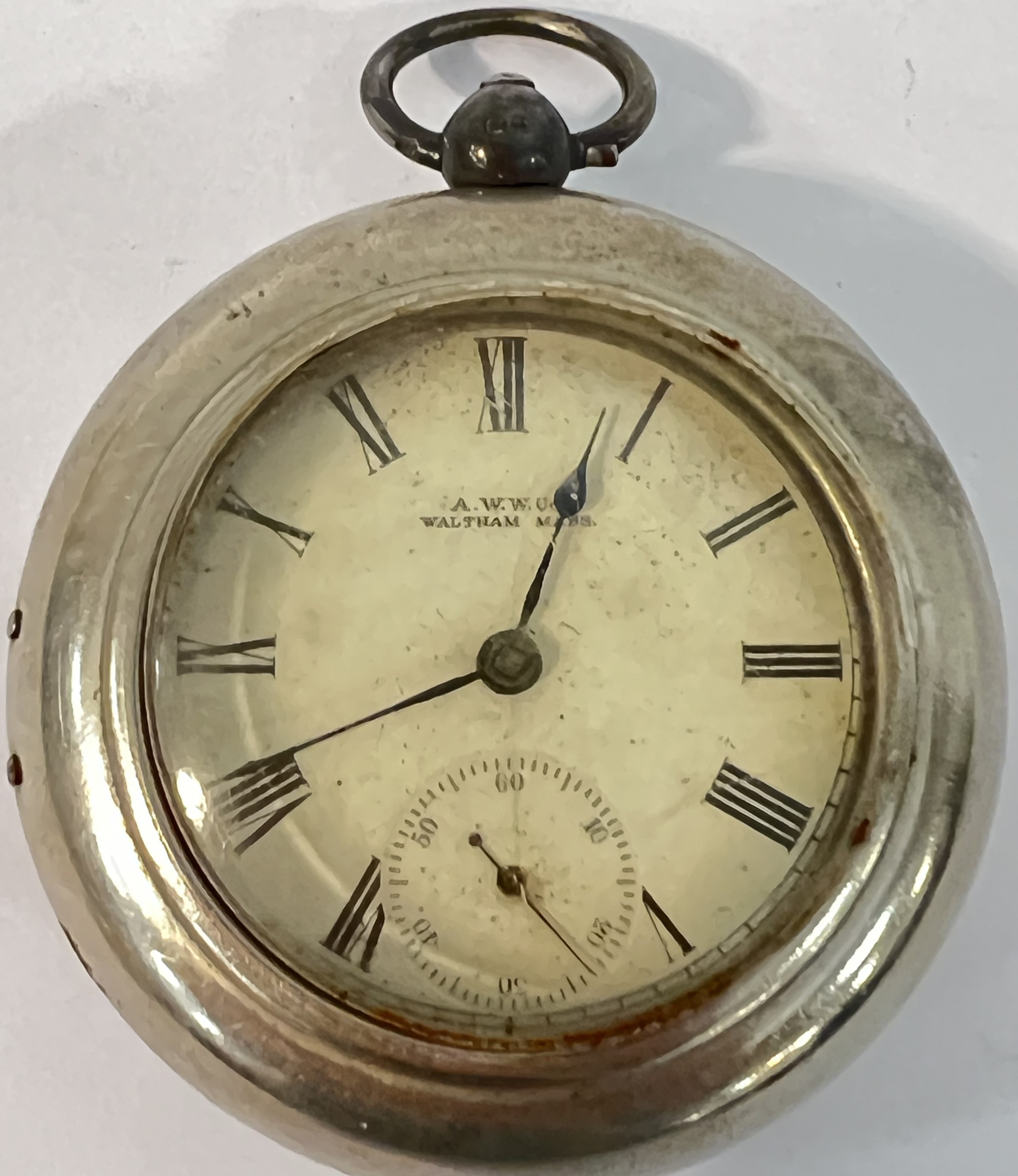 A Birmingham hallmarked silver cased Waltham pocket watch with engine turned decoration to