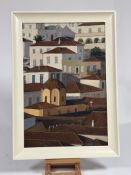 RMD, Greek Town's Roof Birdseye view, acrylic on board, initialled bottom right, framed. (53.