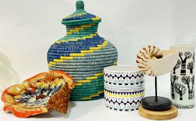 A mixed group of mid-century/modern items comprising a large chorded storage jar (h- 43cm, w- 33cm),
