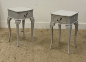 A pair of grey painted bedside tables in the Neoclassical style, each fitted with a drawer and