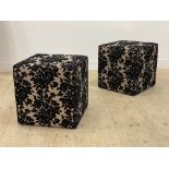 A pair of cube stools upholstered in cut velvet fabric. H53cm x 53cm x 53cm.