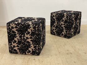 A pair of cube stools upholstered in cut velvet fabric. H53cm x 53cm x 53cm.