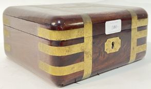 A Victorian brass-bound mahogany campaign-style locking box (no key, h- 10cm, w- 23cm)