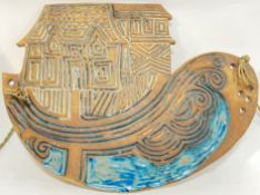 Pat Hasall (Dunbar), a 1970's studio pottery Noah's Ark wall plaque with blue glaze (marked verso,