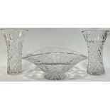 Two fluted cut crystal glass vases (probably Edinburgh Crystal, largest h- 21.5cm) together with a