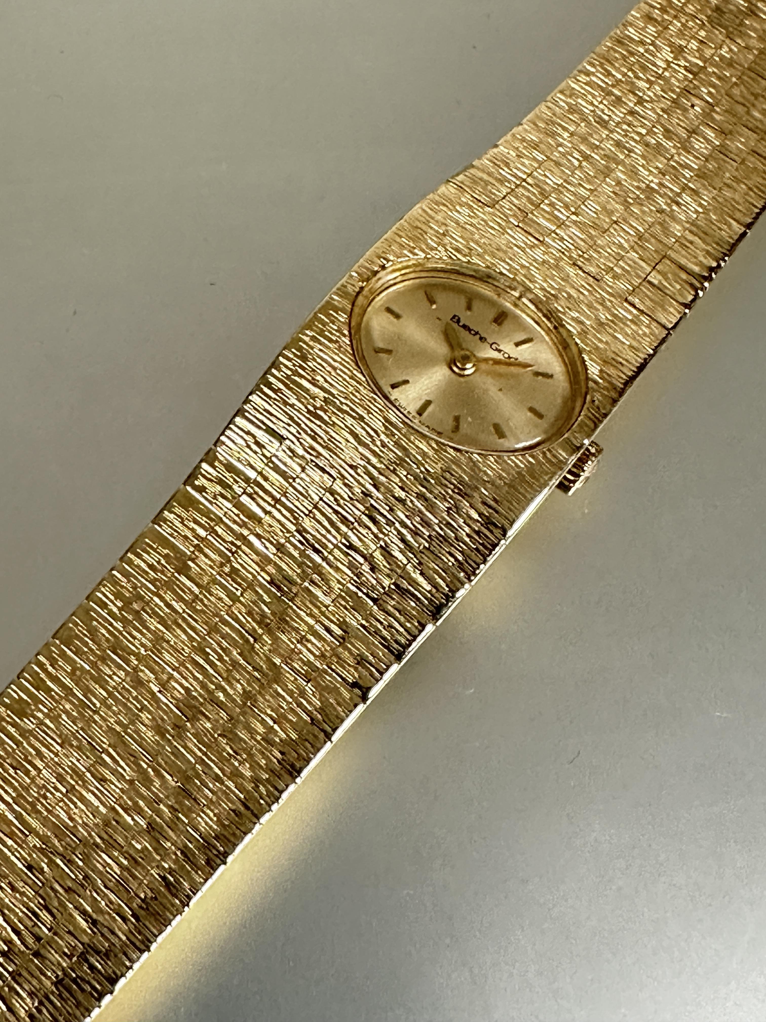 A ladys 9ct gold Bueche -Girod vintage 1960s wristwatch with oval gilt dial and baton hour markers - Image 2 of 3