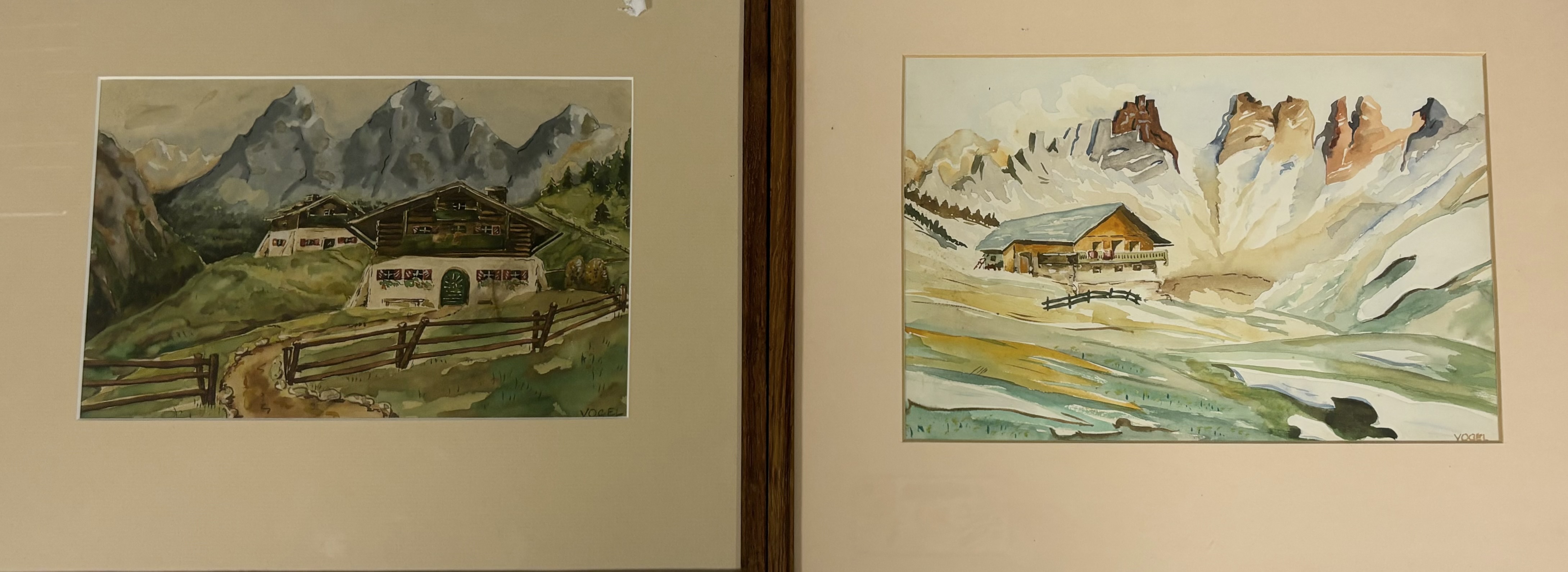 A pair of Vogel, Alpine scenes, one with a chateau to background (18.5cmx28cm) and one of two