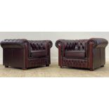 A pair of Vintage chesterfield club chairs, upholstered in deep buttoned oxblood leather. H70cm,