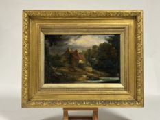 H.Gordon, Cottages on the Water of Leith, oil on board, inscribed verso, in a gilt composition frame