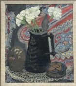 Anne Sayer, Still life of White Carnations in a pitcher with objects to sides, watercolour and