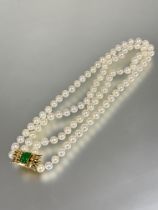 A good white Akoya cultured two strand pearl choker necklace with 14ct gold clip fastening set
