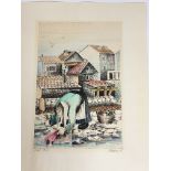 Signed indistinctly, A woman washing clothes in a river with houses to background, pen on paper,