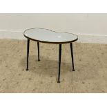 A mid century lamp table, the kidney top raised on turned and tapered supports. H43cm, W60cm .