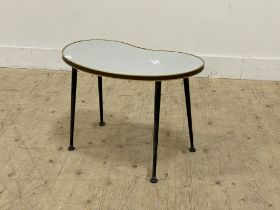 A mid century lamp table, the kidney top raised on turned and tapered supports. H43cm, W60cm .