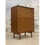 A mid century teak tallboy / chest by Symbol, fitted with five drawers and raised on square