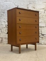 A mid century teak tallboy / chest by Symbol, fitted with five drawers and raised on square