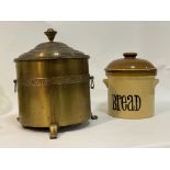 A glazed stoneware lidded storage jar (H30cm) together with a mid 20th century brass coal bucket